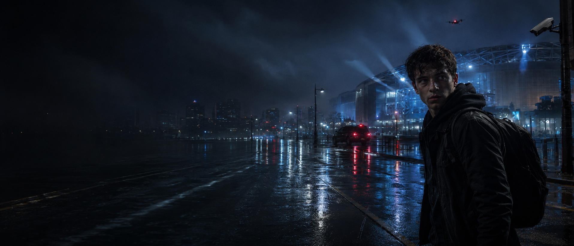 WARGAMER cinematic key art — a lone esports champion silhouette against a dark surveillance backdrop